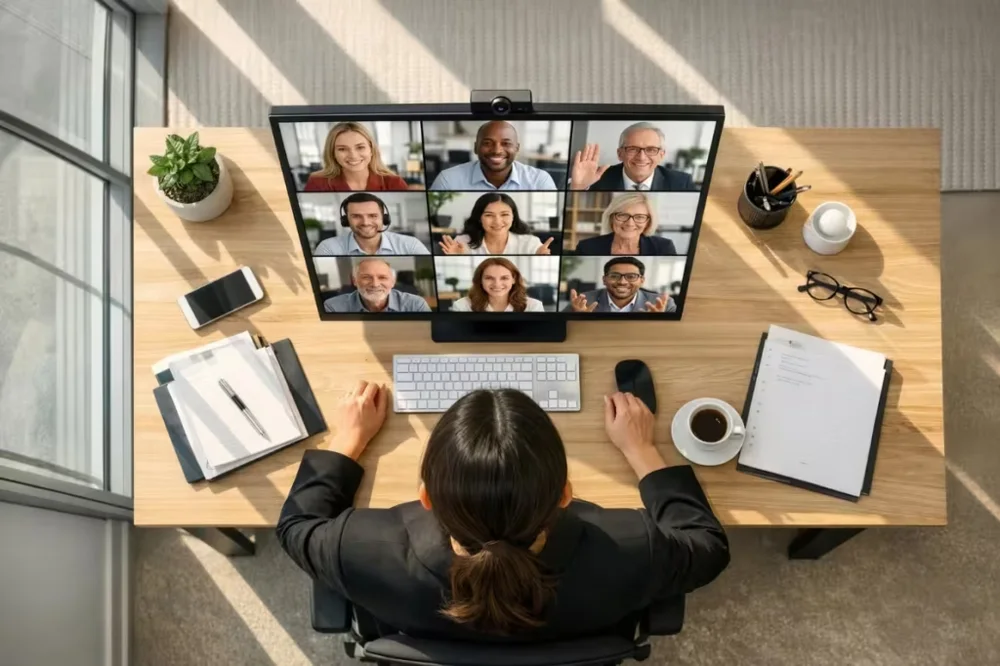 Distributed team collaborating on a video call