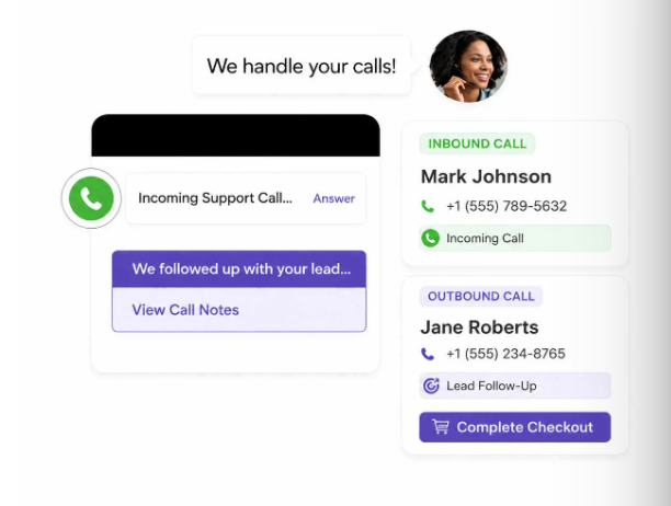 Illustration of inbound call handling, outbound lead follow-up, and call notes