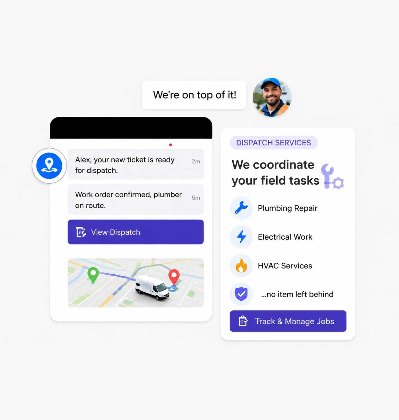 NexBee dispatch workflow coordinating plumbing, electrical, and HVAC service tickets