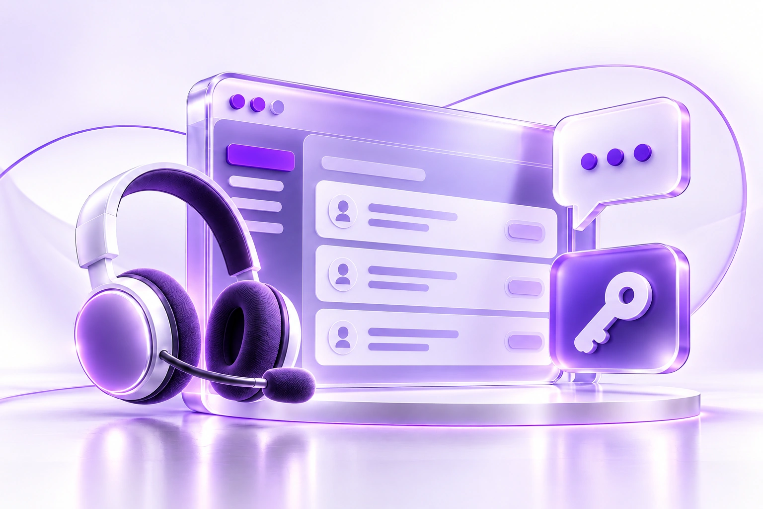 Purple glass helpdesk window with a headset, account-access key and chat bubble.