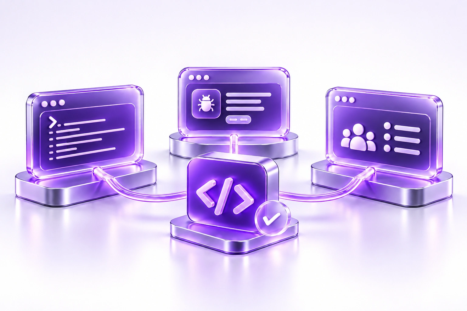 Connected purple code, bug investigation and engineering collaboration panels.