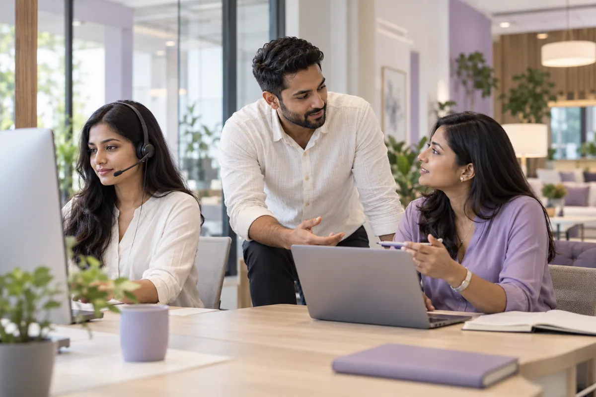 Illustrative customer operations team collaborating in a bright modern workspace